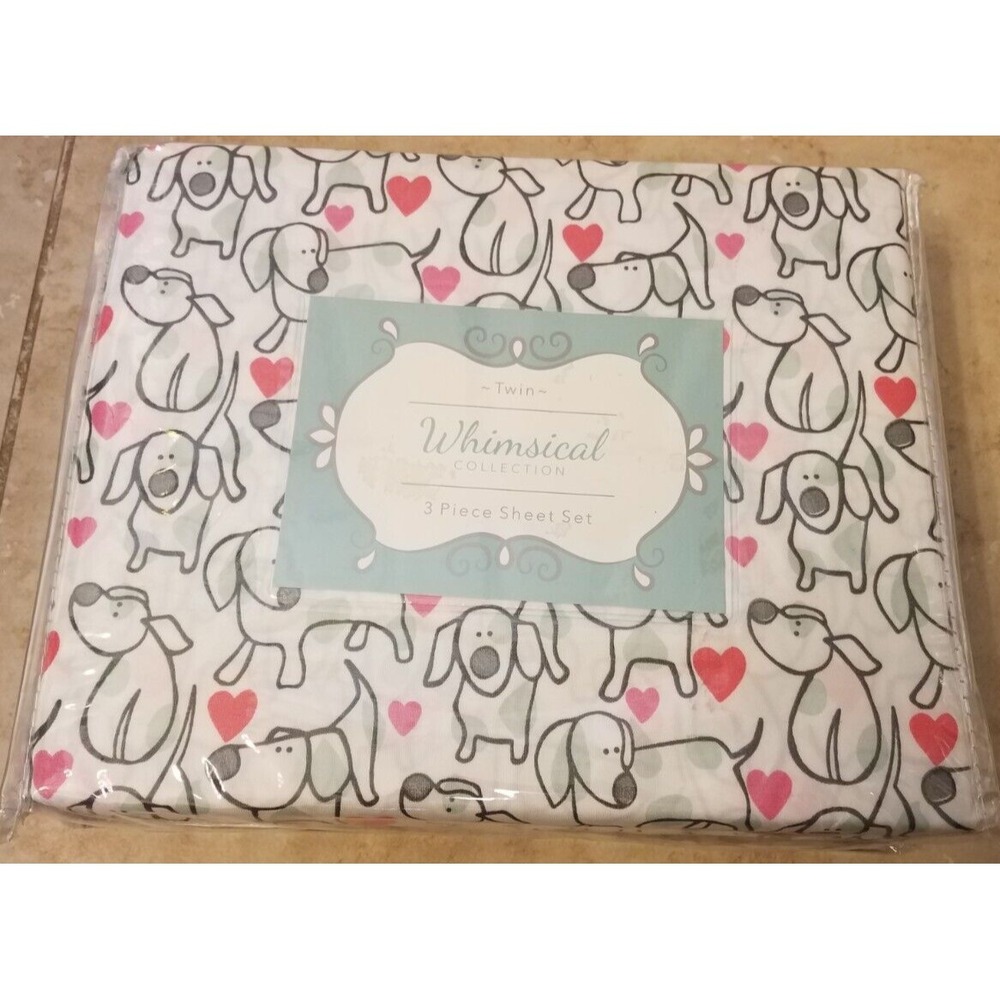 Whimsical Collection TWIN‎ 3pc Sheet Set Puppy Love Dog Hearts White NEW